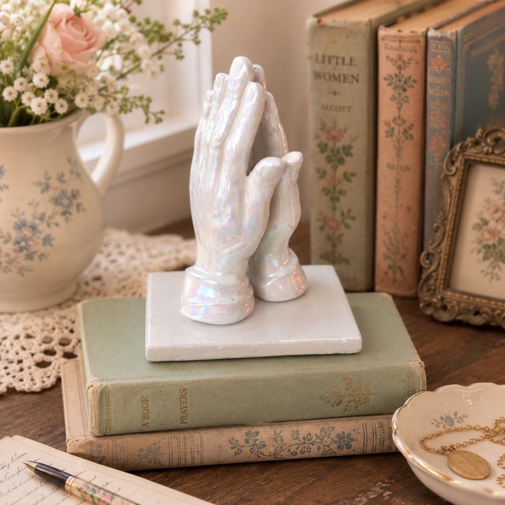 Vintage Iridescent Praying Hands Figurine Set Pearlized Ceramic Religious Shelf